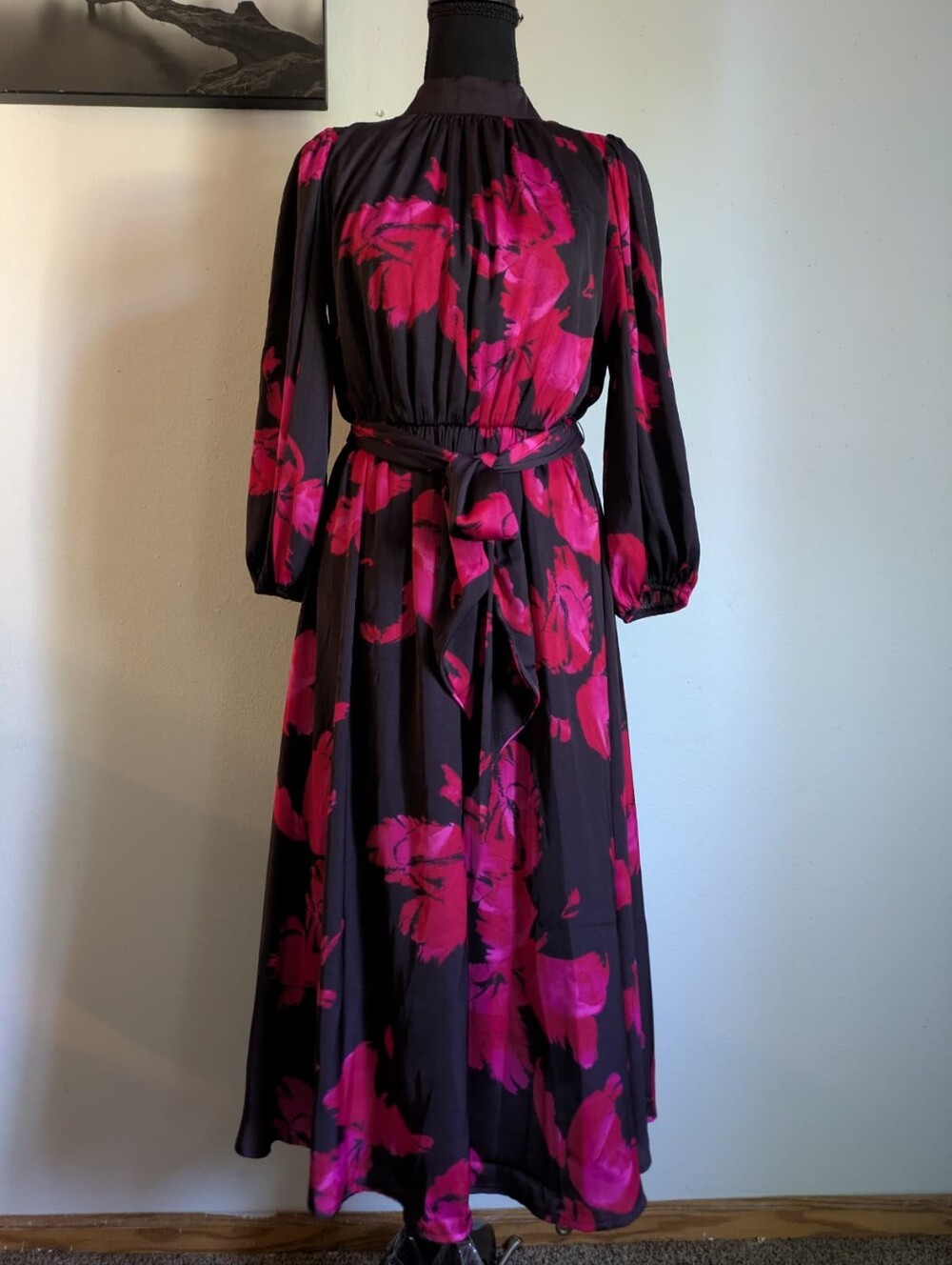 NINE WEST Floral Mock Neck Tie-Waist Midi Dress - Size Small
